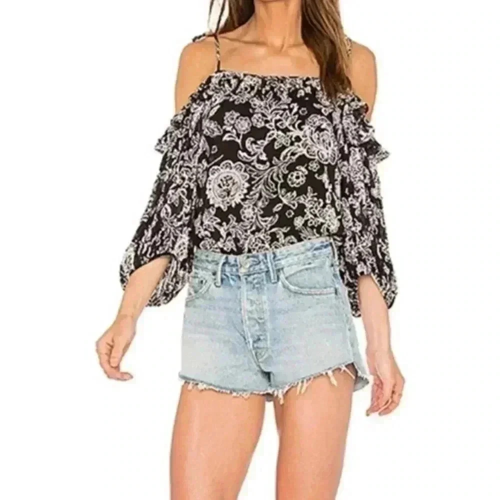 Ella Moss Off-the-Shoulder Floral-Print Blouse, Black Size Medium